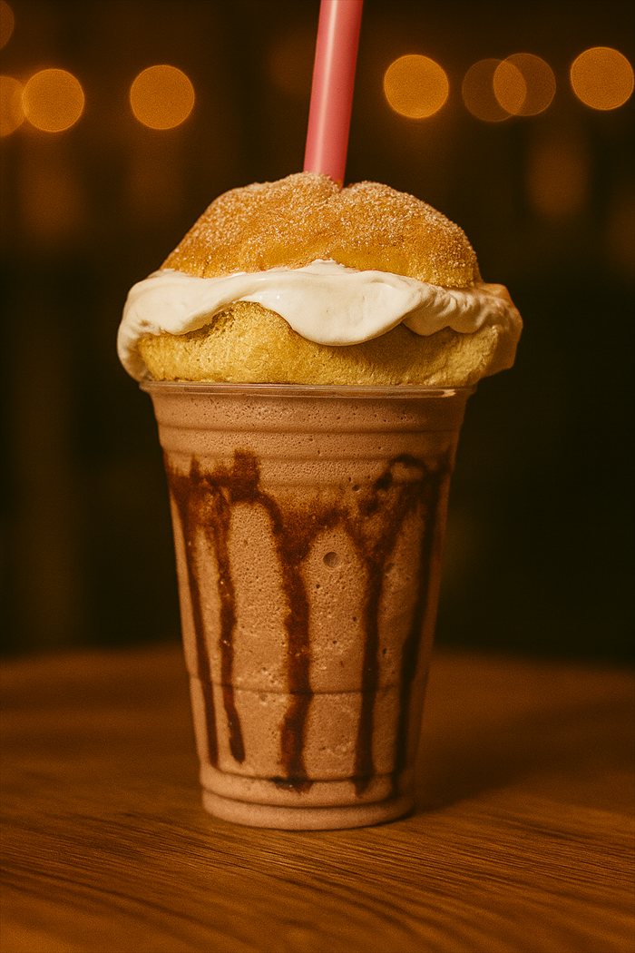Frappé de chocolate Abuelita de Pachucrepas coronado con un pan de muerto relleno de crema y jarabe de chocolate escurriendo por el vaso