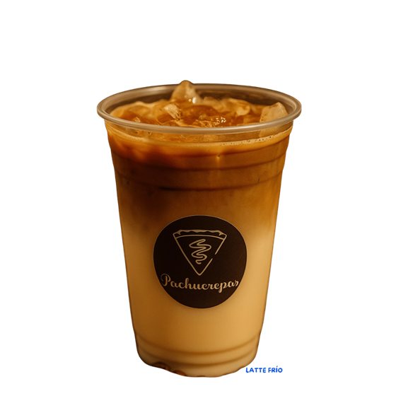 Vaso de latte frío con hielos y logotipo de Pachucrepas