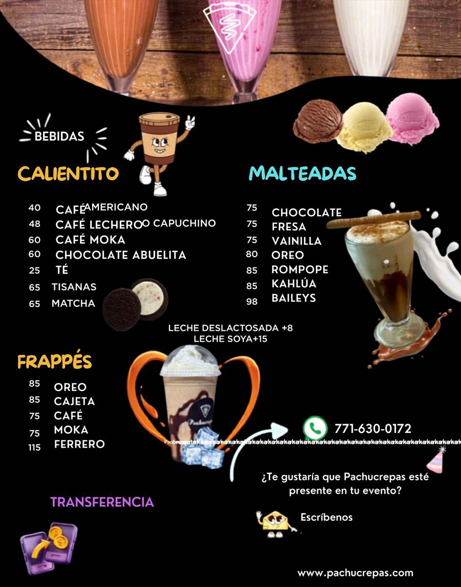 Página del menú de Pachucrepas con café, malteadas y frappés y sus precios