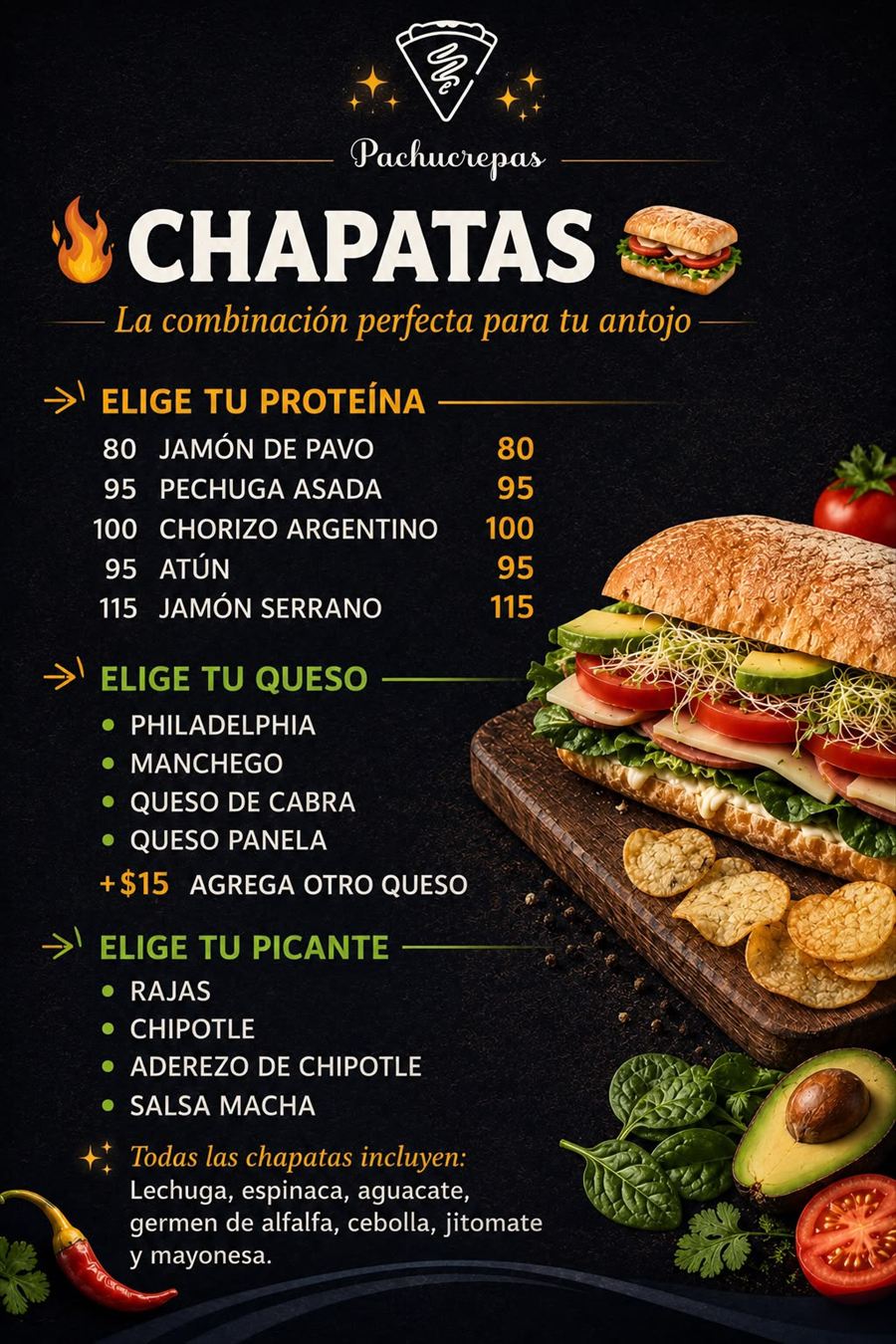 Página del menú de Pachucrepas con las chapatas, proteínas, quesos y picantes disponibles