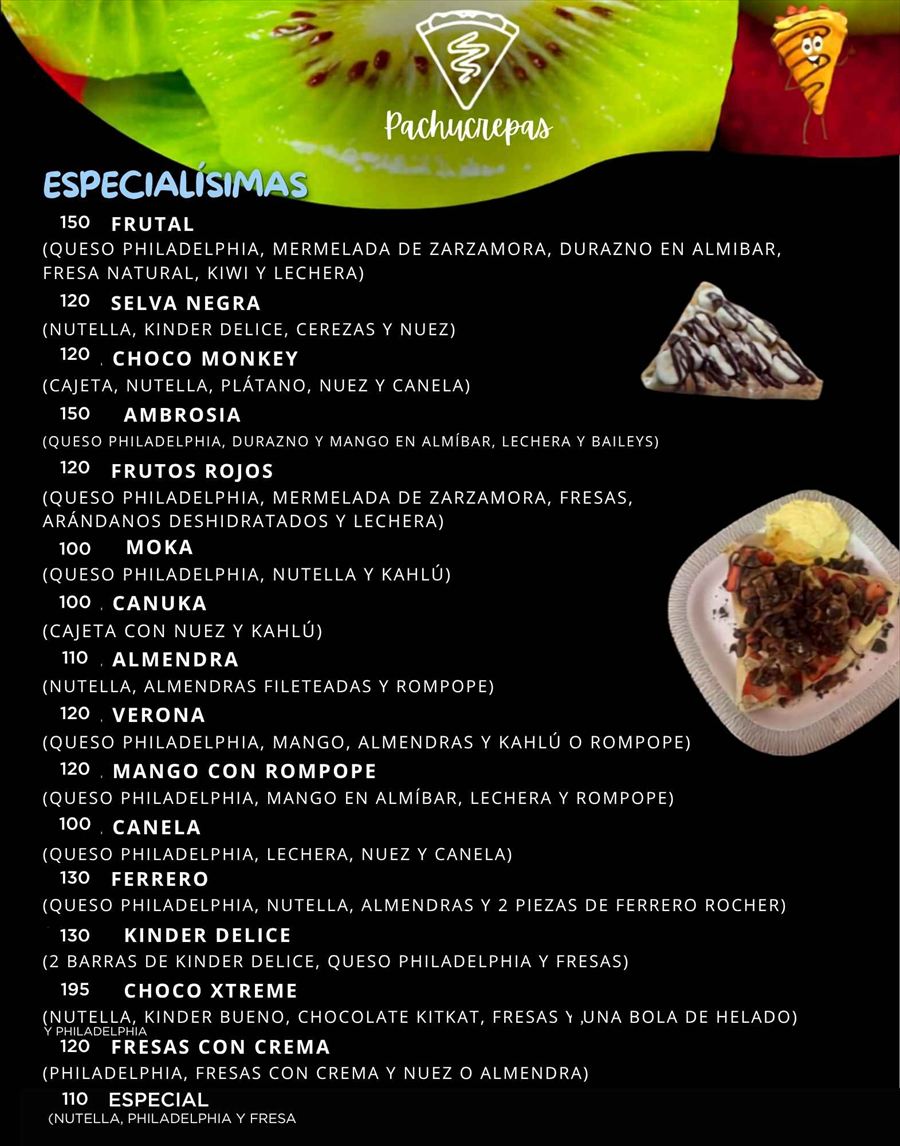 Página del menú de Pachucrepas con las crepas dulces especialísimas y sus precios
