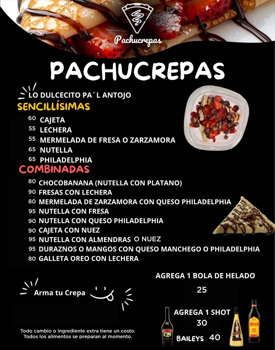 Página del menú de Pachucrepas con las crepas dulces sencillas y combinadas y sus precios