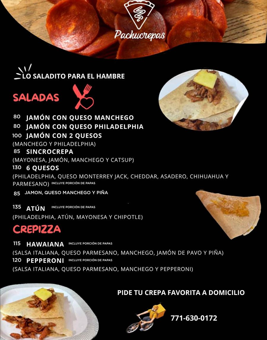 Página del menú de Pachucrepas con las crepas saladas y crepizzas y sus precios