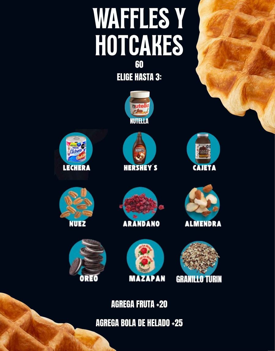Página del menú de Pachucrepas con waffles y hotcakes y sus complementos
